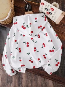 Tween Girls' Cute Cherry Print Loose Sweatshirt,White And Red Back-To-School Pullover,Autumn Long Sleeve Versatile Top For School Fall Winter - White - View 2