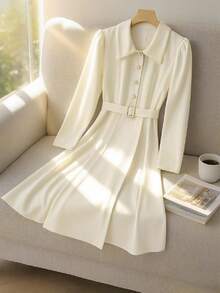Franclia Women's Cream White Elegant Minimalist Commuter Dress,Autumn Long Sleeve Mid-Length Tea Party Dress With Metal Buckle,Collar Rhinestone Decoration - Apricot - View 4