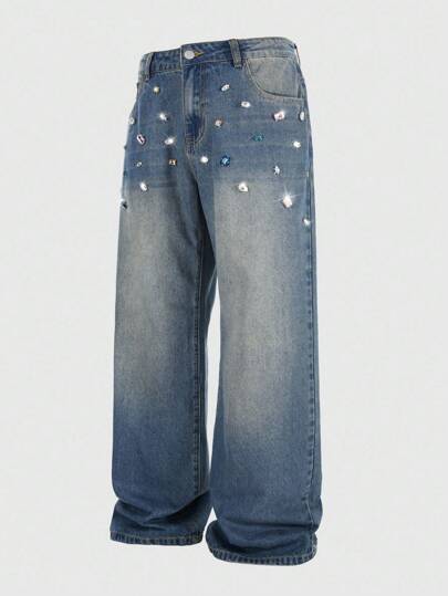 Street Life Jeans de mezclilla casual para hombres con decoración de rhinestones lavados