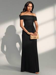 Almamuse Black Textured Splice Pleated One Shoulder Elegant Dress, Spring/Summer - Black - View 4