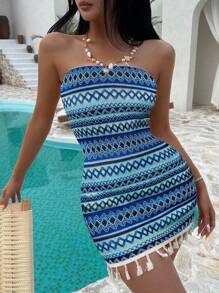 SHEIN Unity Multi-Color European & American Sexy Lady Vacation Strapless Fitted Waist Tassel Patchwork Dress - Multicolor - View 4