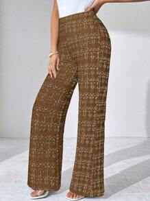 SHEIN Clasi 夏季优雅女士格纹印花弹力针织裤，适合各种场合，适合夏季度假、优雅旅行、日常通勤 - 棕色 - 查看 5