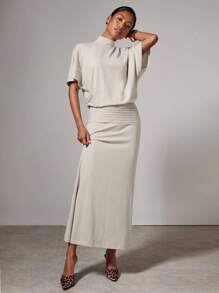 COSMINA Women's Elegant Solid Color Dress With Stand Collar - Apricot - View 3