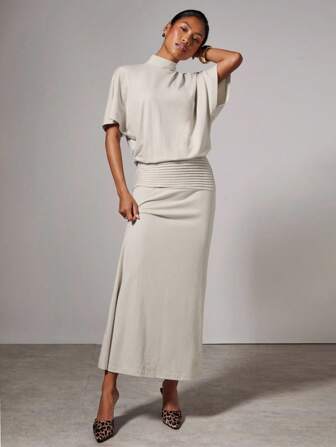 COSMINA Damen elegantes einfarbiges Kleid mit Stehkragen