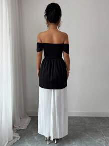 Selianne 女士水钻不对称露肩拼色连衣裙 - 彩色 - 查看 2