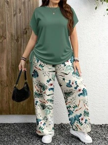 EMERY ROSE 2 件大码女士休闲浪漫绿色花卉印花宽松圆领短袖上衣和阔腿裤套装，适合夏季 - 彩色 - 查看 4