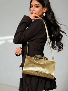 CUCCOO SZL Bolsa Quadrada de Anel Superior com Estampa Metalizada de Crocodilo, Casual Elegante, Perfeita para Escritório, Faculdade, Trabalho, Negócios, Transporte, Ar Livre, Viagens, Passeios, Estilo Punk e de Rua, Ideal para Adolescentes, Mulheres, Estudantes Universitários, Iniciantes e Trabalhadores de Colarinho Branco - Dourado - Visão 3