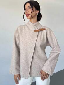 Firerie 女士休闲时尚新款简约通勤百搭日常搭扣蝙蝠袖卡其色夹克，秋冬款 - 卡其色 - 查看 4