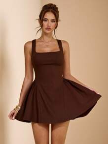 SHEIN BAE 纯棕色无袖褶皱 A 字连衣裙，优雅方领公主风女士休闲商务套装，夏季 2 件套，秋季办公室装，圣诞连衣裙 - 棕色 - 查看 3