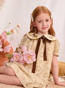 Blossori 年轻女孩法式优雅杏色领子刺绣泡泡袖连衣裙，春夏 - 卡其色 - 查看 7