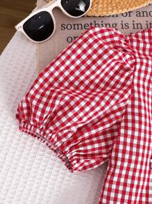 SHEIN 女宝宝休闲舒适圆领蝴蝶结装饰泡泡袖衬衫和短裤套装