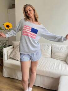 CovetEZ 休闲女式露肩单肩落肩美国独立日美国国旗蕾丝拼接格子运动衫，面料为天鹅绒和拉绒，秋冬季穿着舒适 - 灰色 - 查看 8