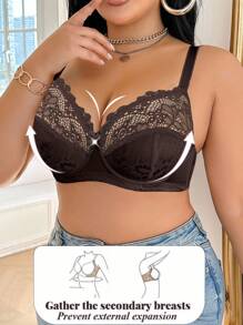 1 件大码蕾丝拼布钢圈文胸 - 棕色 - 查看 4