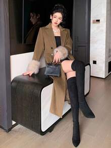 DAZY 女士长袖毛领大衣，修身剪裁，收腰设计，带口袋，双排扣，长款，秋冬款 - 棕色 - 查看 8