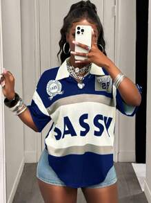 Slaydiva 2025新款春夏休闲街头学院风翻领POLO领短袖撞色杏色领落肩俏皮字母印花条纹25数字复古图案印花杏绿色针织女T恤-A - 藍色 - 查看 3