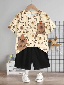 SHEIN 2 件套男婴休闲简约圆领短袖 T 恤和短裤套装，适合夏季 - 彩色 - 查看 2