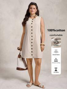 Zelara Robe mini élégante sans manches à taille cintrée et boutonnée, en lin, pour les vacances. Robe d'été pour femmes, tenue décontractée chic, tenue de base pour les femmes élégantes. Convient pour le printemps/l'automne, les vacances, les sorties et les déplacements quotidiens.