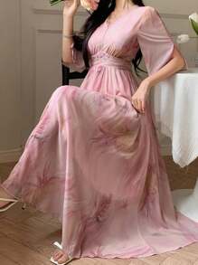 DAZY Abito elegante casual con maniche a campana, scollo a V con strass, vita con laccio incrociato, stampa floreale ditsy, adatto per matrimoni/feste, abiti estivi da donna di media lunghezza - Rosa - Visualizzare 16