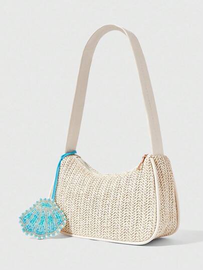 Fairycore 1pc Bohemian Style Beach Bag, Hollow Out Women's Handbag For Vacation, Comes With Strap Charm & Tropical Flower Decor