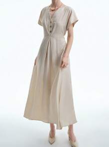 Lyxana 可变形 V 领优雅盖袖收腰 A 字裙，适合女士秋季、万圣节、返校节、返校、非洲连衣裙、女士非洲连衣裙、亚麻中长连衣裙、绷带连衣裙、休闲装。 - 杏色 - 查看 3