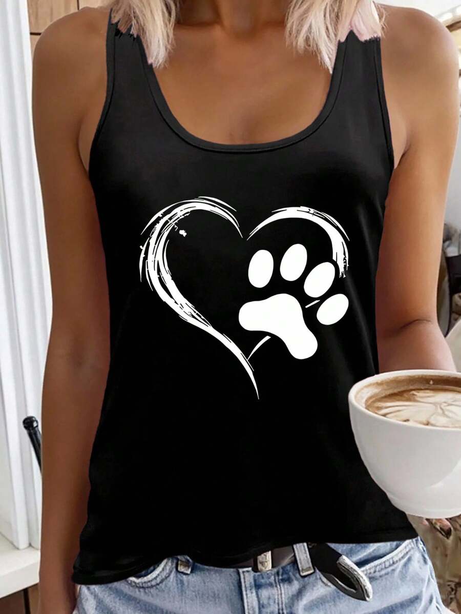 EMERY ROSE 心形和动物足迹印花休闲工字背心，活力夏日穿搭，适合情人节 - 黑色 - 查看 1