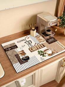 SHEIN 1件装咖啡机吸水沥水垫，台面餐具晾干垫，硅藻土厨房垫，咖啡印花晾干垫，可水洗防滑沥水垫 - 彩色 - 查看 4