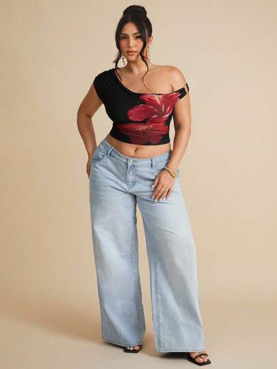 SHEIN BAE 全新夏季海滩度假加大码女式纹理刺绣不对称领口褶皱弹力针织上衣，可爱夏季上衣，波西米亚风，Vcay，假日，黑色上衣，外出西部装