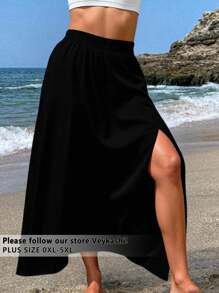 Veykashi 大码女式黑色开衩下摆休闲裙，适合夏季、海滩度假、日常休闲、街头、返校