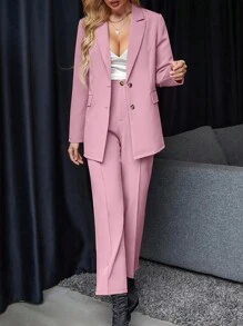 SHEIN Clasi 素色單釦西裝外套和褲子 - 粉色 - 查看 5