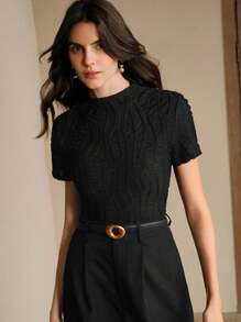 Anewsta 夏季、优雅、度假、节日、海滩、节日、Oldmoney 春季优雅休闲女士针织纹理抗皱百搭杏色短袖 T 恤 - 黑色 - 查看 7