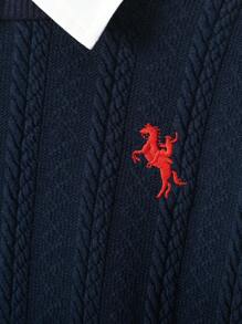 2pcs Boys Set, Top: Textured Navy Blue Knit Sweater With Red Embroidered Graphic On Left Chest, Bottom: Khaki Pants, Suitable For Commuting, School, Casual Daily Wear, Spring/Summer, Back To School Season Fall Winter