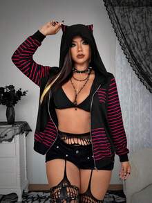Flirla Grunge Punk Halloween Cute Cat Ear Striped Long Sleeve Comfortable Jacket Zip Up Hoodie Women Cat Ear Hoodie Fall Winter Cloth For Women Autumn - Black - View 7
