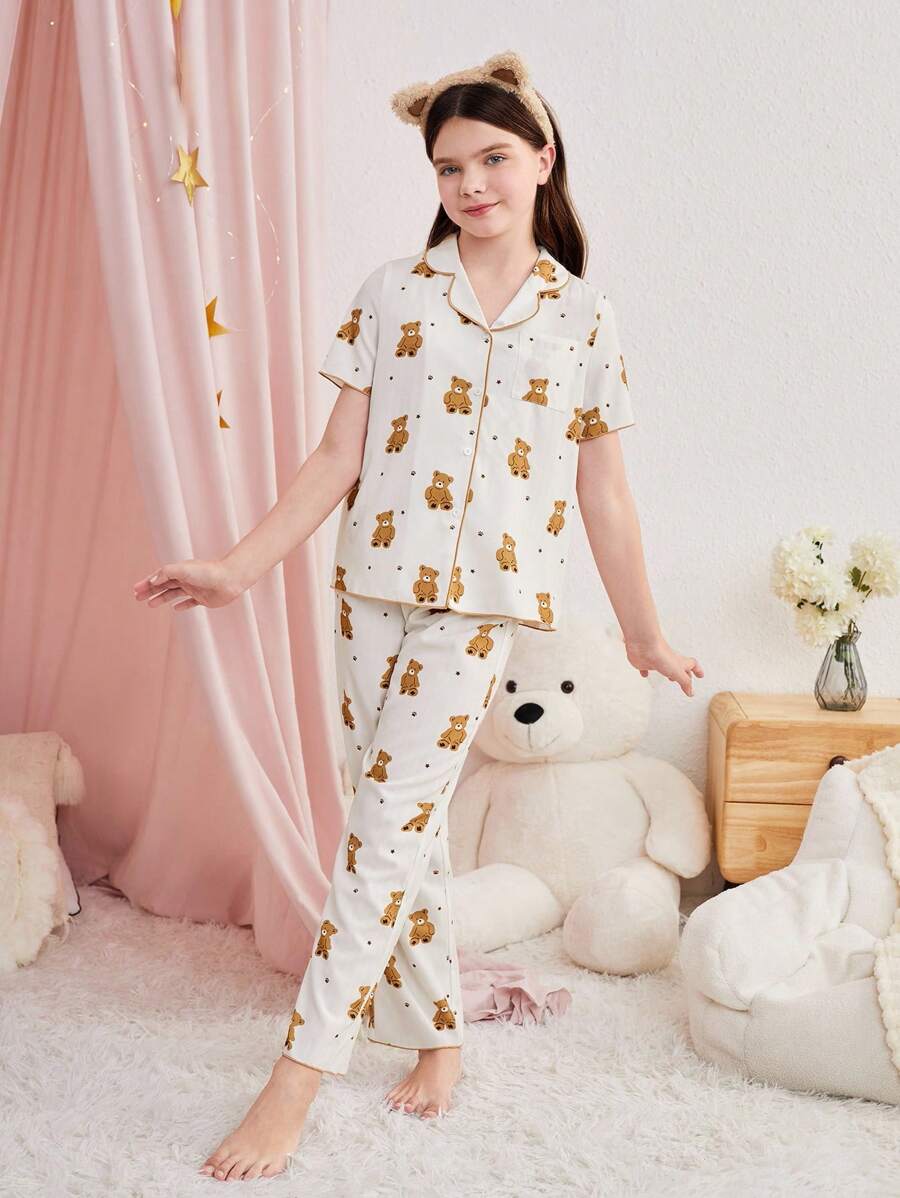 SHEIN 青少年女孩熊印花衬衫和宽松 V 领短袖裤两件套睡衣套装 - 卡其色 - 查看 1