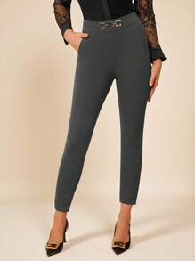 Amorya Quần bó cạp cao họa tiết khóa kim loại dành cho nữ mừng năm mới, sinh nhật, mùa thu, quần áo nữ - Màu xám đen - Xem 1