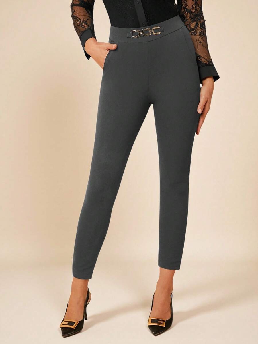 Amorya Quần bó cạp cao họa tiết khóa kim loại dành cho nữ mừng năm mới, sinh nhật, mùa thu, quần áo nữ - Màu xám đen - Xem 1