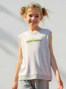 JNSQ 返校户外休闲运动连帽衫和背心，儿童圆领套头衫趣味字母印花户外休闲运动运动衫 - 卡其色 - 查看 1