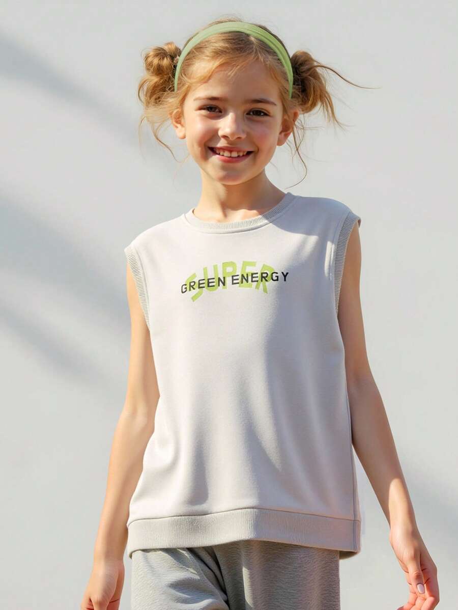 JNSQ 返校户外休闲运动连帽衫和背心，儿童圆领套头衫趣味字母印花户外休闲运动运动衫 - 卡其色 - 查看 1