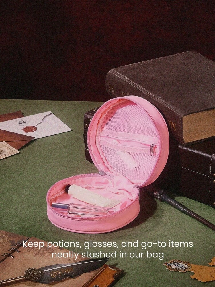 Bolsa de cosméticos redonda con logo, bolsillo interior repelente al agua, para gimnasio, viajes y uso diario casual, estilo Harry Potter