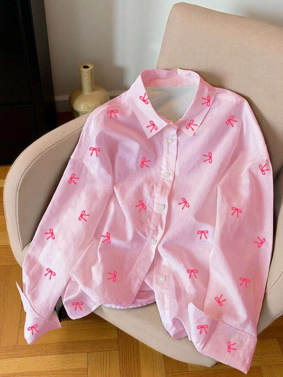 SHEIN 女士蝴蝶印花长袖衬衫 - 粉色 - 查看 1