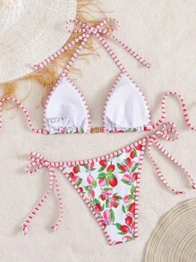 Swim Mod Women's Summer Beach Music Festival Lemon Stripe Pattern Printed Backless Knot Metal Jewelry Cute Vacation Style Bikini Set - Multicolor - View 2