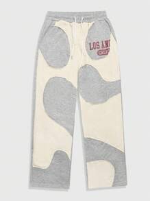 ROMWE MEN Prep Men's Casual Contrast Color Patchwork Letter Print Sweatpants - Multicolor - View 1