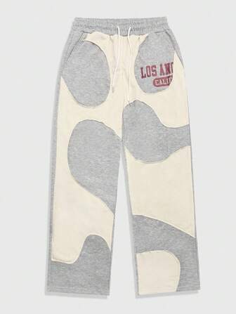 Prep Men's Casual Contrast Color Patchwork Letter Print Sweatpants
