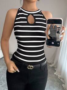 Elenzga 女士休闲条纹镂空露背上衣，夏季 - 黑與白 - 查看 4