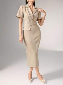 Heiryn Đầm Blazer Tay Ngắn Cổ Quấn Eo Thanh Lịch - Màu Khaki - Xem 4