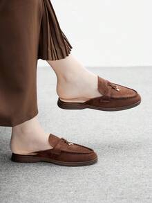 CUCCOO BIZCHIC 女士时尚咖啡色绒面革舒适通勤平底穆勒便鞋，适合户外、工作、休闲日常穿着 - 咖啡棕 - 查看 2