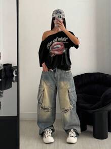 SHEIN Áo thun tay ngắn màu đen in họa tiết môi phong cách Punk Subculture rộng rãi cho nữ, mùa hè - màu đen - Xem 4