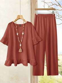 EMERY ROSE 2pcs Plus Size Women Set - Solid Color Round Neck Raglan Sleeve Blouse And Pants - Rust Brown - View 1