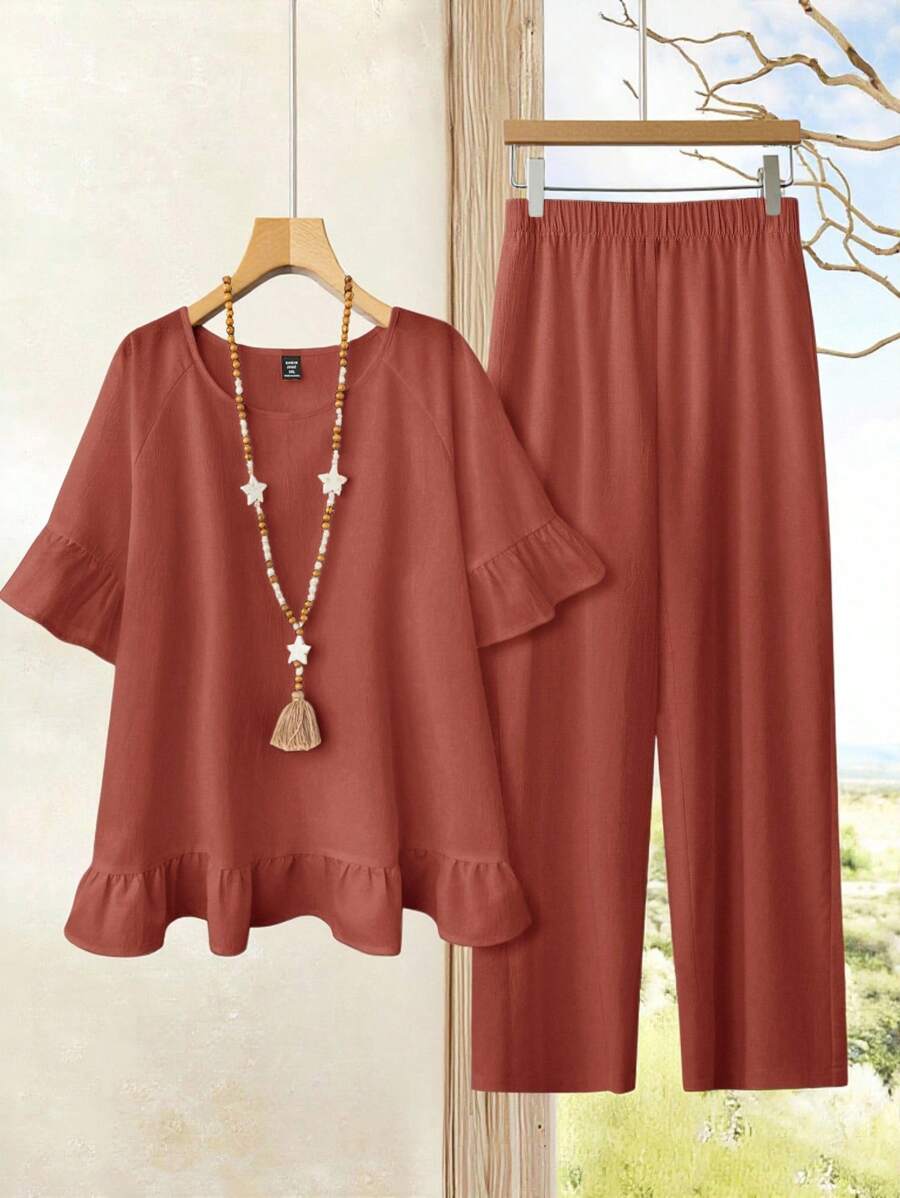 EMERY ROSE 2pcs Plus Size Women Set - Solid Color Round Neck Raglan Sleeve Blouse And Pants - Rust Brown - View 1
