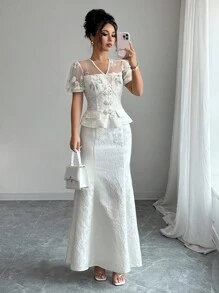 Elenzga 女士优雅时尚通勤休闲舒适奢华浪漫约会迷人复古假日网眼刺绣拼布短袖合身珍珠纽扣纯色纹理美人鱼蕾丝提花两件套（随机花卉图案） - 杏色 - 查看 5