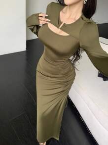 Celisse 女式夏季针织弹力修身长袖二合一 U 领装饰纽扣抽绳腰部褶皱开叉拼接设计优雅休闲长裙